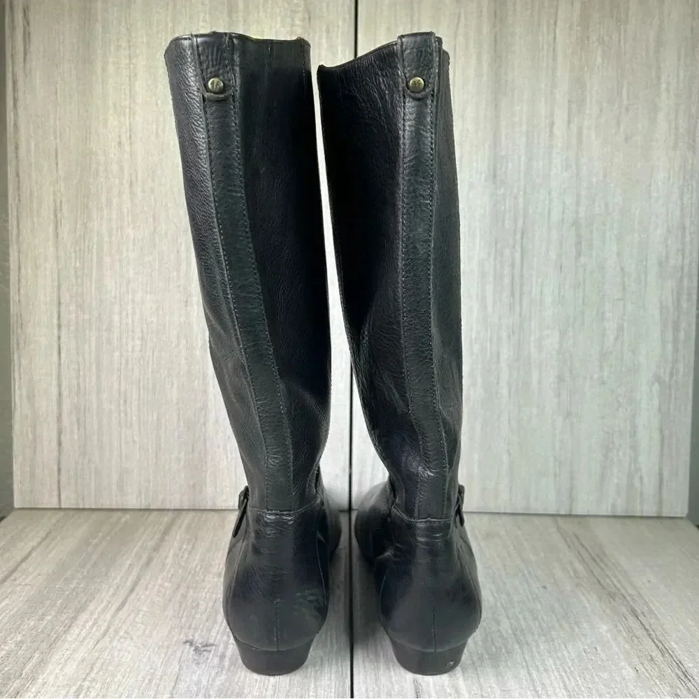 Frye Bonnie Black Leather Low Heel Flat Mid Calf‎ Tall Ring Boots Women’s Size 6